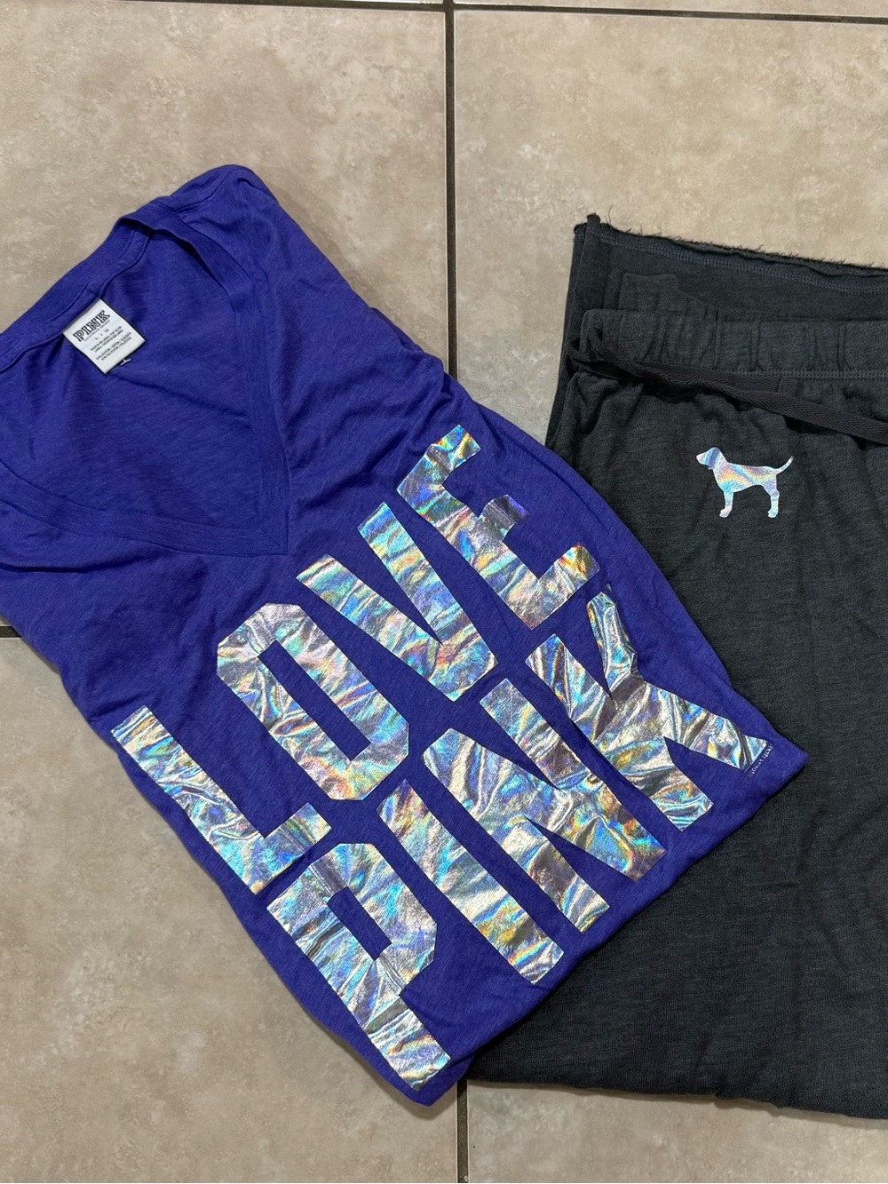 PINK Victoria's Secret Purple V-Neck Tee with Holographic LOVE PINK Print
